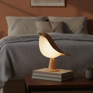 Pode incluir: Candeeiro de mesa em forma de pássaro, com estrutura de madeira e corpo branco brilhante. O candeeiro está sobre uma pilha de livros numa mesa castanha escura. O fundo apresenta uma cama com roupa de cama cinzenta.