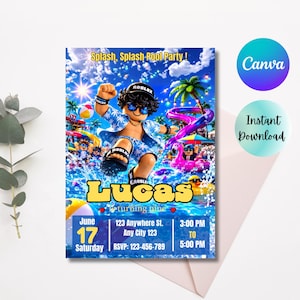 May include: A vibrant invitation for a pool party, featuring a cartoon character in a pool setting. The invitation includes the text "Splash, Splash Pool Party!" and "Lucas", along with event details such as the date, time, and location. The Canva and Instant Download logos are also visible.