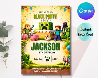 Minecrafter Birthday Invitation, Block Party Invite, Creeper Party Invitation, Boys Birthday Invite, Kids Party, Canva Digital Download