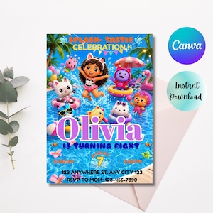 May include: A rectangular party invitation featuring a pool scene with cartoon characters, palm trees, and a pink umbrella. The text reads: SPLASH-TASTIC CELEBRATION! Olivia IS TURNING EIGHT, AUGUST 7, 3:00PM, 123 ANYWHERE ST. ANY CITY 123, RSVP TO MOM: 123-456-7890.