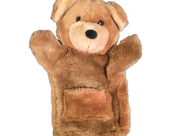 Marioneta de mano vintage Dakin de oso pardo estilo guante de 25 cm con bolsillo peludo en el vientre.