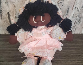 Vintage African American Cloth Rag Doll 12" Yarn Hair Big Eyes Priscilla Larsen