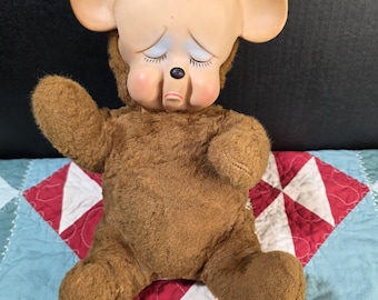 Orsetto di peluche vintage anni '50 Knickerbocker con la faccia imbronciata in gomma, 30 cm, NECESSITA DI RESTAURO
