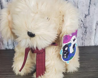 Vtg Commonwealth Hug A Plush Beige Shaggy Dog 1991, 10" Red Gingham Bow