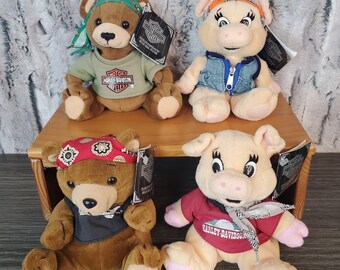 4 peluches Harley-Davidson Biker Pigs antiguos rellenos de frijoles con etiquetas (2 niños y 2 niñas)