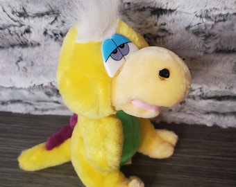 Dinosaurio amarillo de peluche FUN STREET, ojos azules soñolientos, columna morada, vientre verde, 20 cm (8 pulgadas)