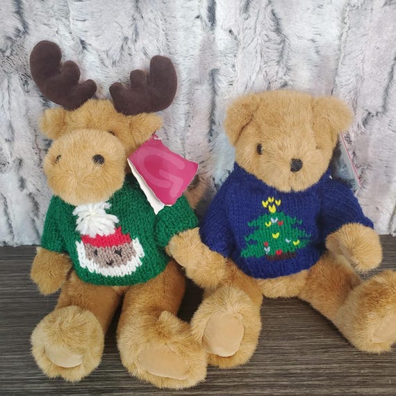 GAF Corp Christmas Moose & Brown Teddy Bear 12" Holiday Plush Wearing Sweaters