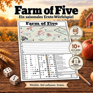 Könnte beinhalten: Ein Farm of Five Ernte-Würfelspiel-Spielbogen mit einer Farm-Illustration, Spielregeln und Punktetabellen. Das Blatt enthält deutschen Text, zwei weiße Würfel, einen Bleistift, Weizenähren, einen Apfel, ein Ei und eine metallene Milchkanne.