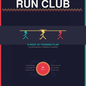Pode incluir: Plano de treino 5K de 8 semanas do Retro Run Club para iniciantes e corredores que regressam. O gráfico apresenta texto e figuras de palitos, com um esquema de cores vermelho e amarelo. Inclui detalhes sobre corridas por semana.