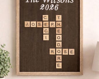 Letrero familiar personalizado de Scrabble / Decoración de pared con nombre familiar personalizado / Letrero de rompecabezas de madera con nombre / Regalo de inauguración de casa / Decoración para tablero familiar