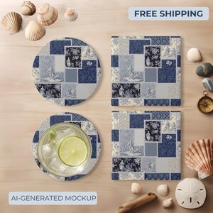 Patchwork Toile Pattern Coaster Gift for Mom Birthday Present Housewarming Gift Ideas for Grandma Home Decor Cottagecore Gift Best Friend