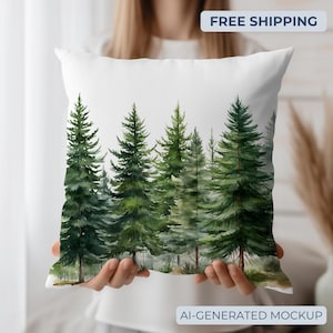 May include: A square throw pillow featuring a watercolor illustration of a dense forest with multiple evergreen pine trees in shades of dark and light green against a plain white background. The design covers the front of the pillow.