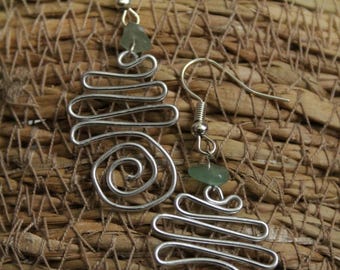 Boho silver plated wire spiral earrings with jade stone