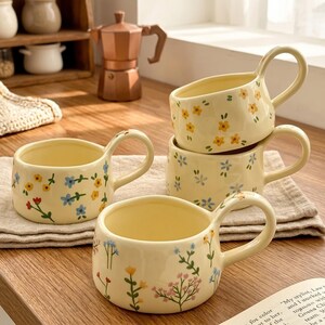 Korean Style Floral Ceramic Mug, Hand Pinched Irregular Coffee Cup, Cream Yellow Tea Mug
