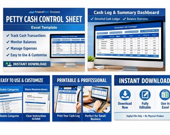 Puede incluir: Anuncio de una hoja de control de caja y un panel de control de registro de efectivo. La imagen muestra pantallas de ordenador que muestran plantillas de Excel, con texto que destaca funciones como el seguimiento de transacciones y la gestión de gastos. Paneles adicionales muestran opciones imprimibles y personalizables.