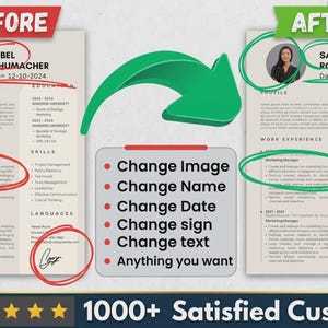 Puede incluir: Una comparación lado a lado de dos plantillas de currículum etiquetadas como Before y After, con fotos de perfil circulares, datos personales, experiencia laboral y firmas. Un cuadro central enumera funciones editables: Change Image, Name, Date, sign, text, Anything you want.