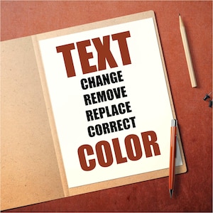 May include: A white paper in a brown folder with the word "TEXT" in large brown letters. Below, the words "CHANGE, REMOVE, REPLACE, CORRECT, COLOR" are in black. A pencil and pen are on the table.