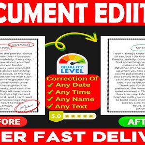 May include: A document editing service advertisement featuring a before and after comparison of a letter. The text includes 'DOCUMENT EDITING', 'BEFORE', 'AFTER', 'SUPER FAST DELIVERY', 'QUALITY LEVEL', 'Correction Of Any Date, Any Time, Any Name, Any Text'.