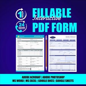May include: A blue graphic with the text "FILLABLE Interactive PDF FORM". The image includes two sample forms, a pencil, and icons for 1-hour delivery and 24-hour service. Software compatibility is listed at the bottom.