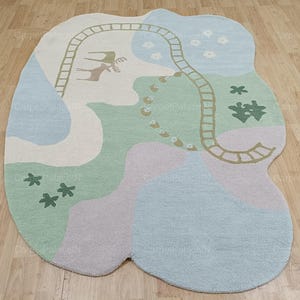 Kids Play Rug, Hand Tufted Wool Rug Train Track Nursery Rug Pastel Kids Room Carpet Organic Shape Playroom Decor Baby Room Rug Gift for Her