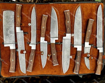 Set di 9 coltelli da chef in acciaio di Damasco con astuccio arrotolabile in pelle - Manico in legno, regalo professionale per la cucina