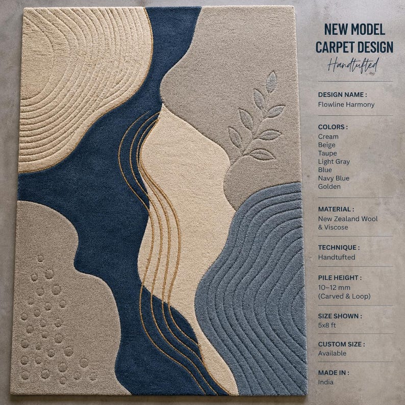 Modern Abstract Hand Tufted Wool Rug With Blue Beige Waves, Textured ...