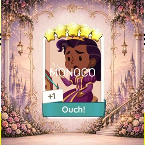 May include: A cartoon illustration of a character in a purple dress with the text "MONOCO" and "Ouch!". The background features a castle, flowers, and a staircase, with a rating of five stars.