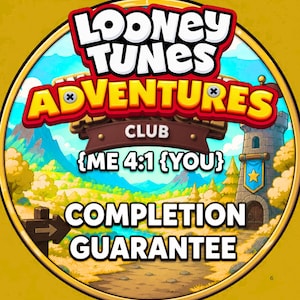 Puede incluir: Un gráfico circular con el texto Looney Tunes Adventures Club, ME 4:1 YOU y Completion Guarantee. El fondo muestra un colorido paisaje de dibujos animados con una torre de piedra, una señal de madera y un camino bajo un cielo azul.