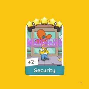 May include: A rectangular digital trading card featuring a cartoon character wearing an orange hat, standing in front of a doorway. The card displays five yellow stars at the top, the text MONOCOK in purple, a +2 label, and the word Security below.