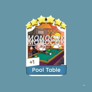 Può includere: Una carta da gioco digitale con un'illustrazione a cartoni animati di un personaggio con i baffi bianchi che gioca a biliardo su un tavolo verde, con un altro personaggio giallo che osserva. La carta ha cinque stelle gialle, il testo MONOCOK e Pool Table.