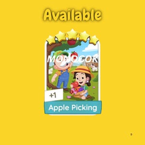 May include: A digital game card featuring the text Available and Apple Picking with a +1 indicator. The illustration shows two cartoon characters in a field with a tree, apples, and a basket of fruit under five yellow stars on a yellow background.