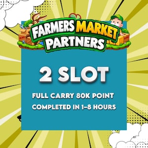 以下が含まれることがあります： 上部にFarmers Market Partners、その下に2 Slot、Full Carry 80k Point、Completed in 1-8 Hoursというテキストが記載されたデジタルグラフィック。漫画のキャラクター、ACMEと書かれた木箱、黄色のサンバースト背景が含まれています。