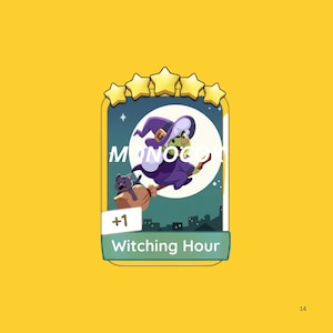 May include: A rectangular game card featuring a cartoon witch in a purple hat and robe riding a broomstick with a black cat against a full moon. The card displays five gold stars at the top, the text +1, and the label Witching Hour.