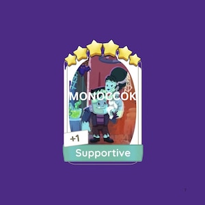May include: A rectangular digital game card featuring a cartoon illustration of a green monster and a bride character. The card displays five yellow stars at the top, the text MONOCCOK in the center, and the label +1 Supportive at the bottom.