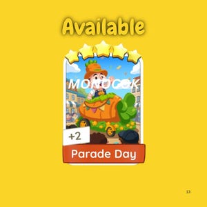 May include: A rectangular digital game card on a yellow background featuring the text Available at the top and Parade Day at the bottom. The card displays a cartoon character in a carrot-shaped float, five yellow stars, and a white tag with +2.