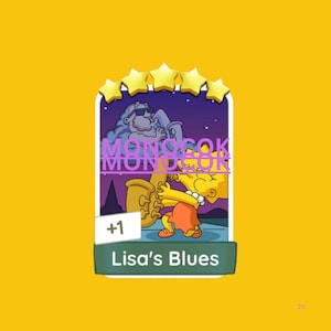 May include: A rectangular digital trading card featuring a yellow cartoon character playing a gold saxophone. Above, a gray cloud character plays a saxophone under a starry night sky. The card displays five yellow stars, the text MONOCOK, and Lisa's Blues.