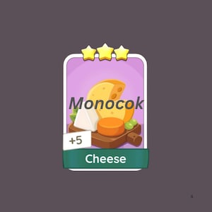 May include: A rectangular digital game card featuring a purple background with three yellow stars at the top. The centre displays a wooden board with various types of cheese, including a yellow wheel, a white wedge, and a small orange round. The text Monocok, +5, and Cheese are visible.