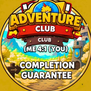 Puede incluir: Un gráfico circular con el texto ADVENTURE CLUB, CLUB, {ME 4:1 {YOU} y COMPLETION GUARANTEE. La ilustración muestra un paisaje de dibujos animados con una torre de piedra, una bandera azul con una estrella amarilla, un letrero y montañas.