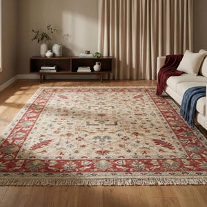 Pode incluir: Um grande tapete retangular com um campo creme e uma borda vermelha. O tapete apresenta um padrão floral detalhado em tons de vermelho, azul e verde. O tapete tem uma borda com franjas e é colocado em um piso de madeira.