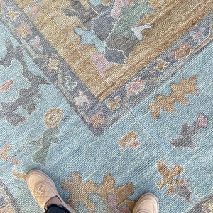 Vintage Oushak Wool Rug - Pastel Turkish Style Area Rug, Light Blue & Gold Hand-Knotted Carpet, Traditional Large Rug for Living Room,
