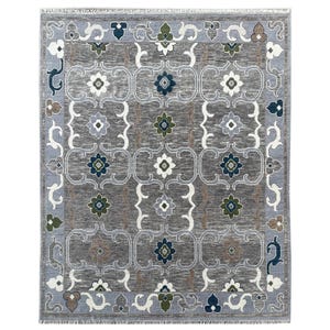 9x12 Hand-Knotted Oushak Rug - Modern Transitional Wool Area Rug - Muted Grey, Blue & Sage Green Floral Pattern - Large Living Room Area Rug