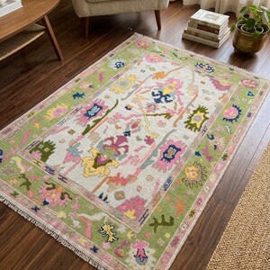 6x9 Hand-Knotted Turkish Style Rug - Pastel Green & Pink Floral Oushak Rug - Neutral Boho Area Rug for Living Room, Bedroom, or Nursery