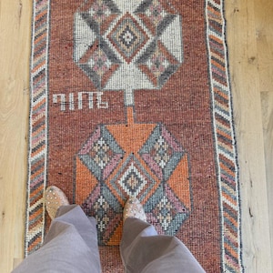 Vintage Turkish Runner Rug - Terracotta Rust Oushak Runner - Geometric Tribal Wool Carpet - Long Hallway Kitchen Rug - Antique Anatolian