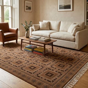 Könnte beinhalten: Wohnzimmer mit einem braunen Teppich mit geometrischem Muster. Ein cremefarbenes Sofa, ein brauner Ledersessel und ein Holztisch mit Büchern sind ebenfalls vorhanden. Der Raum hat eine neutrale Farbpalette.