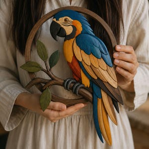 May include: A handcrafted wooden wall art piece featuring a colorful macaw parrot perched on a branch within a circular frame. The parrot displays vibrant blue, yellow, and red plumage with a black beak, while the branch includes green leaves.