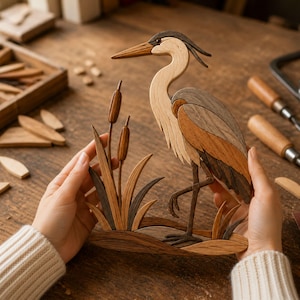 Op de afbeelding: Een houten inlegwerk kunstwerk in meerdere tinten dat een reiger voorstelt die tussen lisdodden staat. De vogel is gemaakt van verschillende tinten licht, medium en donker hout, met natuurlijke nerven en gelaagde segmenten van het vogellichaam.
