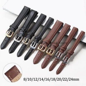 May include: Assortment of watch bands in black and brown leather. The bands have silver and gold-colored buckles. Sizes are 8mm, 10mm, 12mm, 14mm, 16mm, 18mm, 20mm, 22mm, and 24mm.