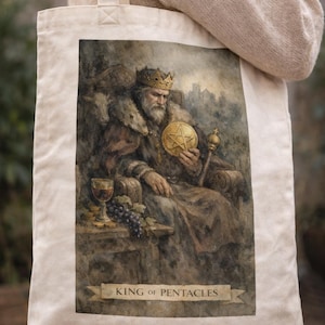Puede incluir: Bolso tote de color crema con una ilustración detallada del Rey de Oros de una baraja de tarot. La obra de arte representa una figura real coronada sosteniendo un pentáculo dorado. El texto "KING of PENTACLES" se muestra en una pancarta.