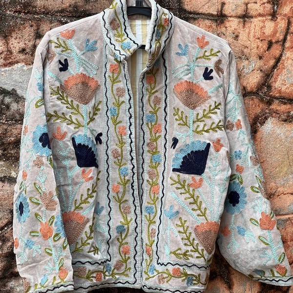 Velvet Suzani Embroidered Jacket: Handcrafted Floral Design