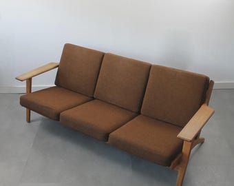 Refinished Oak Sofa with Brown Upholstery, Vintage Lounge Sofa